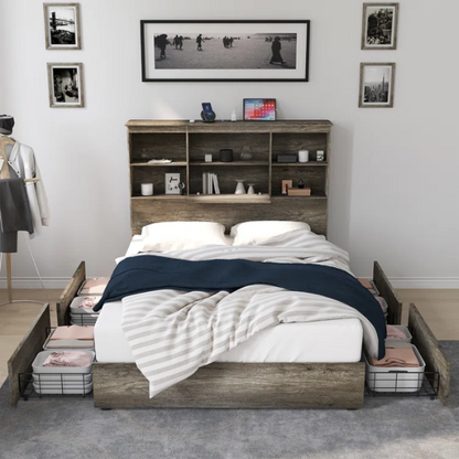 Innovative LED Bookcase Bed – Full/Double Size with Built-In Storage, Sleek Design, and LED Lighting for Modern Living
