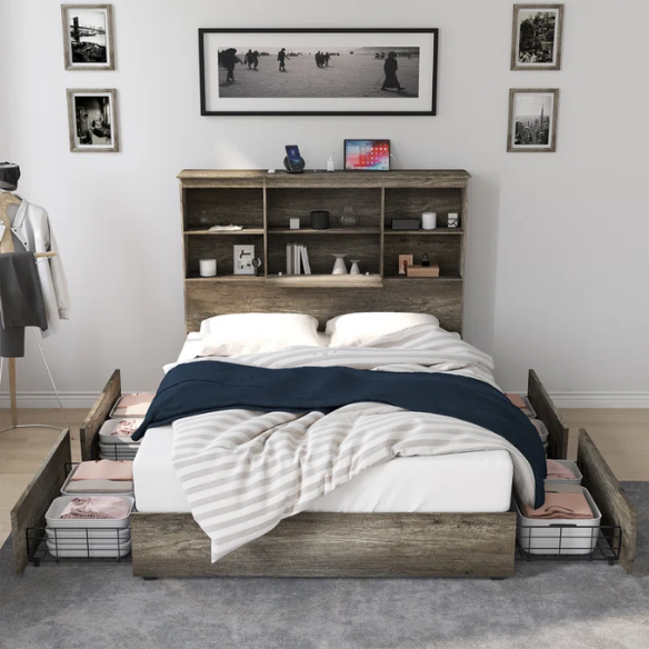 Innovative LED Bookcase Bed – Full/Double Size with Built-In Storage, Sleek Design, and LED Lighting for Modern Living