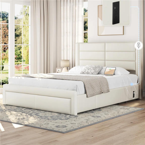 King Size Vegan Leather Metal Platform Storage Bed with 3 Drawers, Tufted Headboard, and Built-In USB Ports – Modern Design for Ultimate Comfort and Convenience