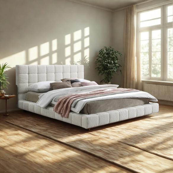 King Size Upholstered Platform Bed with Luxurious Tufted Bouclé Fabric – Modern Elegance, Timeless Sophistication, and Superior Craftsmanship for Your Bedroom Sanctuary