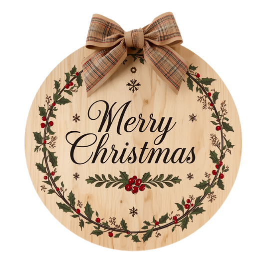 Round Wooden Christmas Sign with Holly Wreath