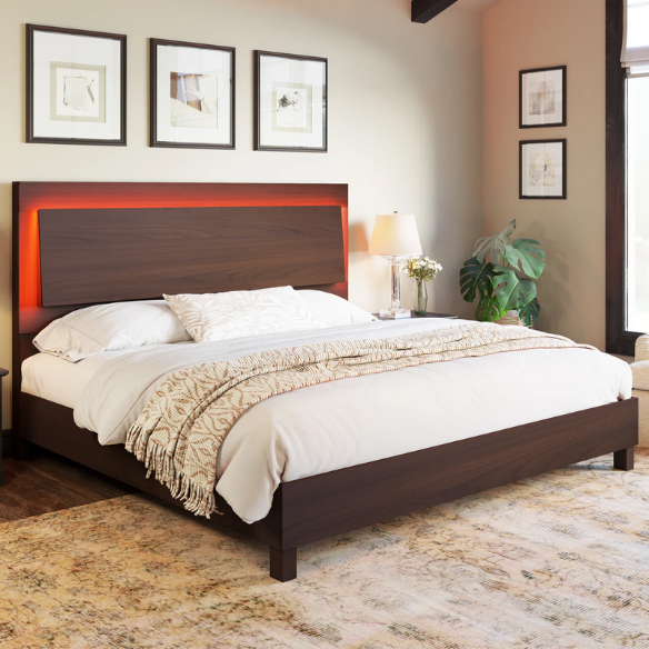 Modern King Size Wood Bed Frame with LED-Integrated Headboard & Adjustable Features for Ultimate Comfort