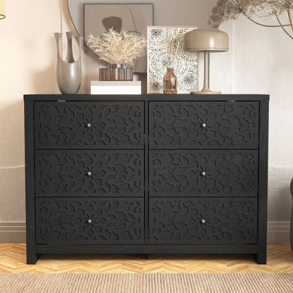 Boho-Inspired 45.4" 6-Drawer Dresser with Distressed Finish and Openwork Floral Details