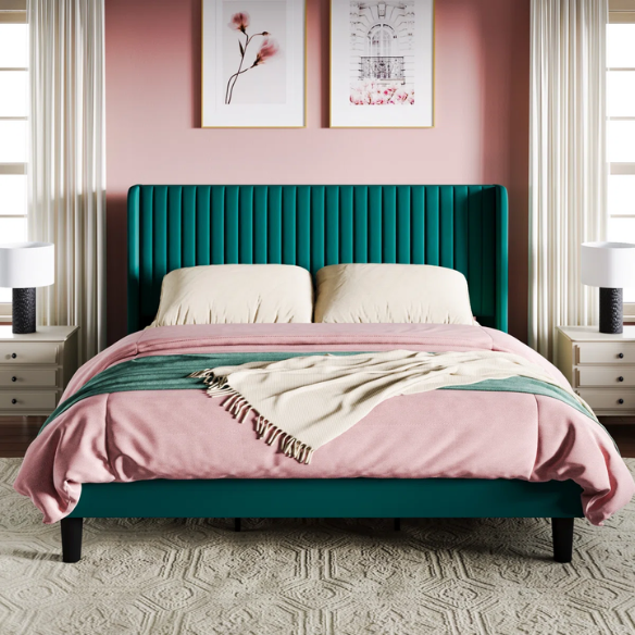 Luxurious King Size Upholstered Velvet Platform Bed with Modern Wingback Headboard – Heavy-Duty Steel Frame, No Box Spring Needed, and Ample Under-Bed Storage