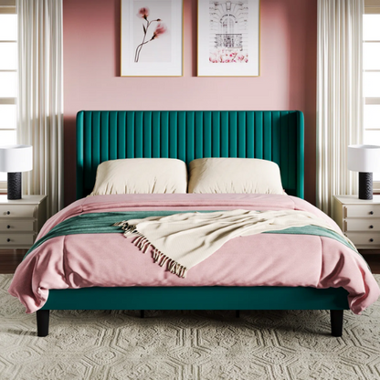 Luxurious King Size Upholstered Velvet Platform Bed with Modern Wingback Headboard – Heavy-Duty Steel Frame, No Box Spring Needed, and Ample Under-Bed Storage