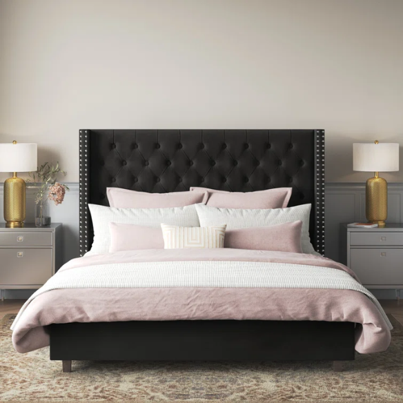 Queen Size Upholstered Velvet Bed – The Epitome of Luxury and Comfort with Majestic 61.4-Inch Extra-High Headboard