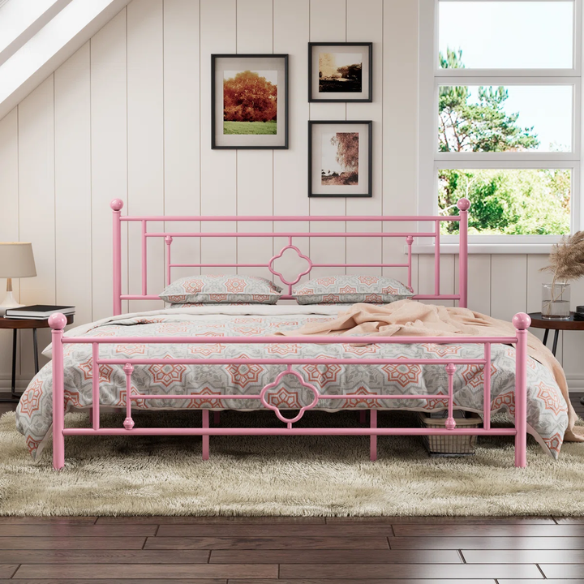 Elegant Metal Open-Frame Platform Bed with Quatrefoil Design and Classic Finial Posts – Timeless French Country Style with Under-Bed Storage