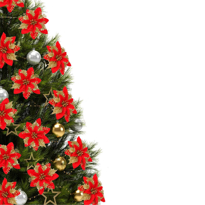 Gold & Red Glitter Poinsettia Christmas Flowers – Elegant Artificial Holiday Décor (5 Pieces)