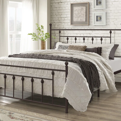 King Size Metal Open-Frame Platform Bed with Spindle Accents, Storage Footboard, and Slat Kit – No Box Spring Needed, Ideal for Farmhouse to French Country Styles