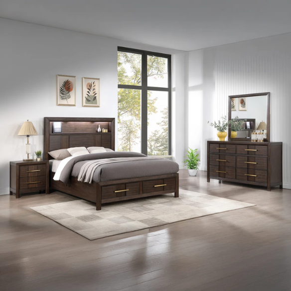 Elegant Platform Storage 4-Piece Queen Bedroom Set – Timeless Design with Modern Functionality, Includes Bed, Dresser, Mirror, and Nightstand