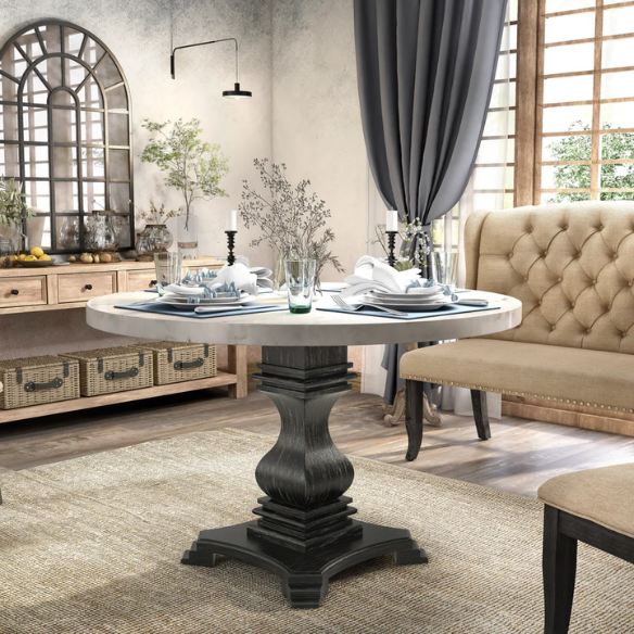 48-inch Round Black and White Marble Pedestal Dining Table – Rustic White with Antique Black Finish, Geometric Carved Base, Ideal for Modern Farmhouse Dining