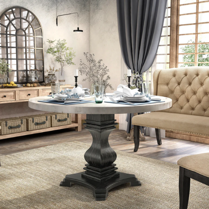 48-inch Round Black and White Marble Pedestal Dining Table – Rustic White with Antique Black Finish, Geometric Carved Base, Ideal for Modern Farmhouse Dining
