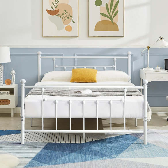 King Size Metal Open-Frame Platform Bed with Spindle Accents, Storage Footboard, and Slat Kit – No Box Spring Needed, Ideal for Farmhouse to French Country Styles