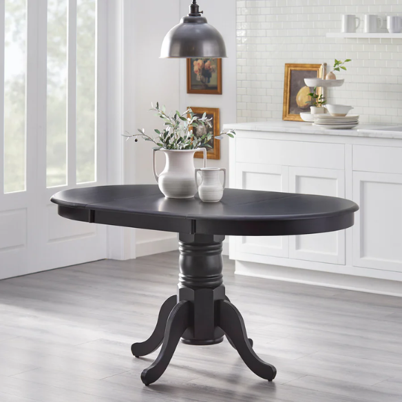 Farmhouse Solid Rubberwood Dining Table with 22-Inch Extension Leaf – Pedestal Base, Seats 6, Available in Oak, Matte Black, White/Natural, Grey/Walnut Finishes