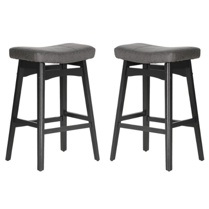 24-Inch Solid Wood Barstools with Linen/PU Leather Fabric Cushion – Set of 2 Backless Saddle Seat Counter Stools for Modern Living