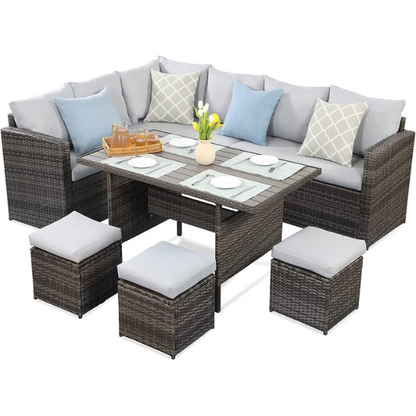 All-Weather Wicker Patio Furniture Set | Stylish Conversation Set with Cushioned Seats and Pillows | Perfect Outdoor Dining Solution