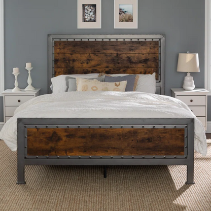 Rustic Industrial Queen Size Bed with Wood-Look Center – Sturdy and Stylish Design