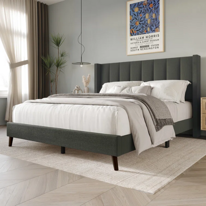 Queen Size Upholstered Wingback Bed with Soft Polyester Fabric – Elegant and Modern Design