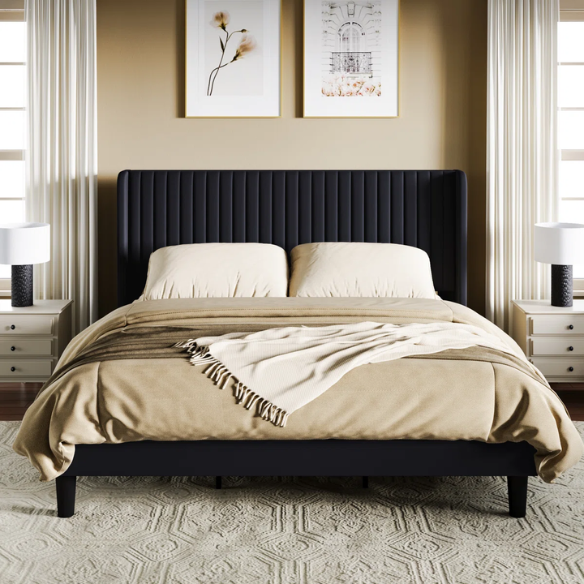 Luxurious King Size Upholstered Velvet Platform Bed with Modern Wingback Headboard – Heavy-Duty Steel Frame, No Box Spring Needed, and Ample Under-Bed Storage