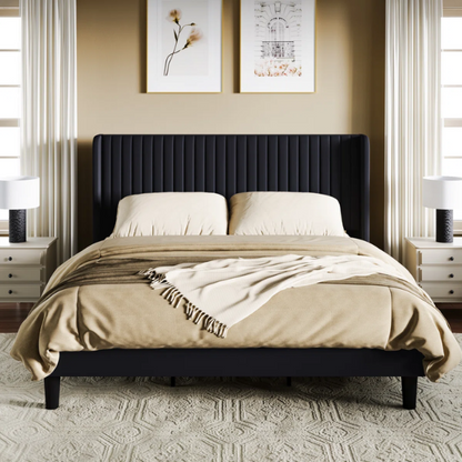 Luxurious King Size Upholstered Velvet Platform Bed with Modern Wingback Headboard – Heavy-Duty Steel Frame, No Box Spring Needed, and Ample Under-Bed Storage