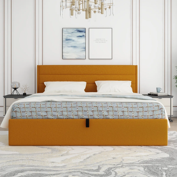 Elegant Hydraulic Lift Upholstered Storage Bed with Wingback Headboard, Linen Fabric, Button-Tufted Detailing, and Ample Under-Bed Storage for Bedding and Seasonal Items