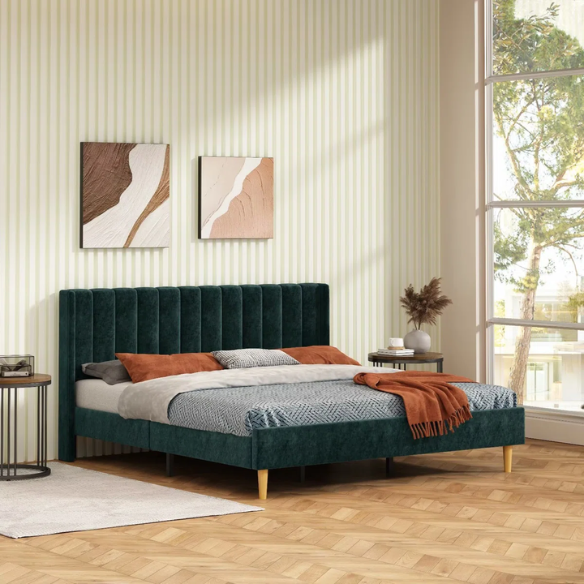 Luxury Corduroy Upholstered King Size Platform Bed Frame - Stylish Modern Wingback Design with Ultimate Comfort