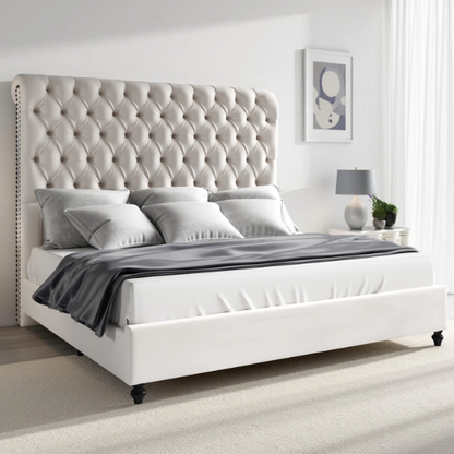 Luxurious Velvet Upholstered Sleigh Bed with Tufted Button and Gem-Accented Headboard