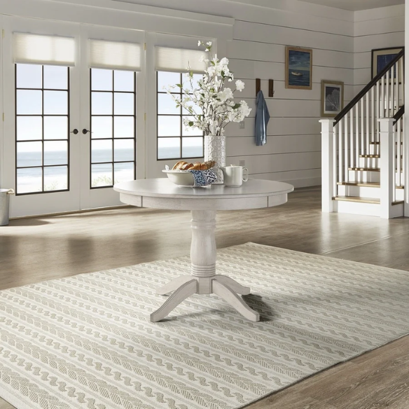Round Pedestal Base Dining Table – Vintage Farmhouse Style with Distressed Finishes, Compact Design for Small Spaces, Timeless Classic Elegance