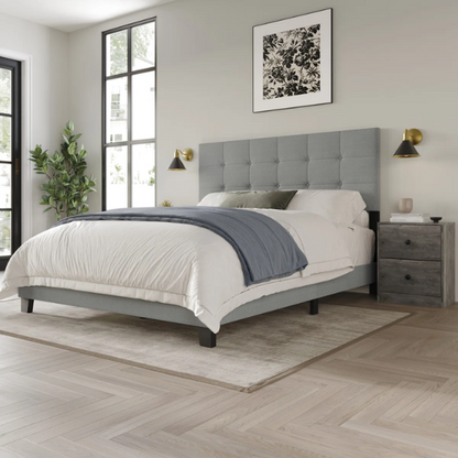 Elegant Solid Grey Queen Bedroom Set with Button-Tufted Upholstered Bed and Matching Nightstands – 3-Piece Set