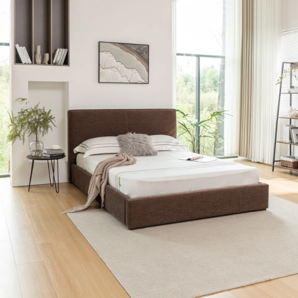 Elegant Brown Queen Size Upholstered Bed with Soft Bouclé Polyester Fabric – Modern and Stylish