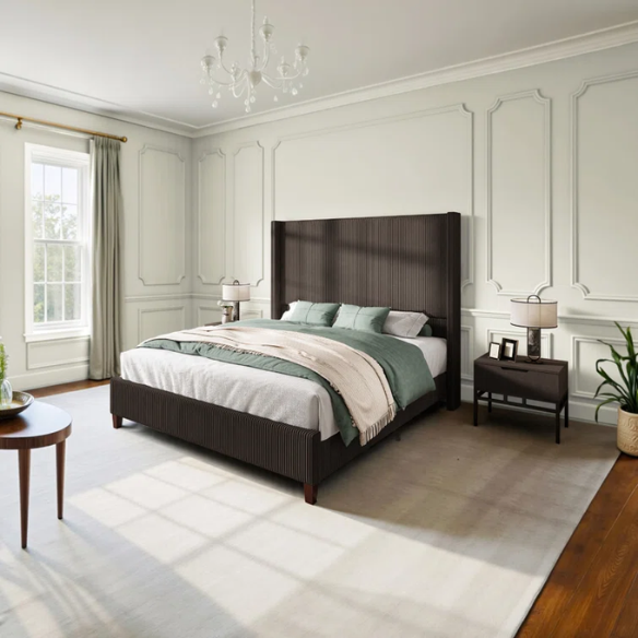 Queen Size Upholstered Wingback Platform Bed in Ribbed Corduroy Fabric
