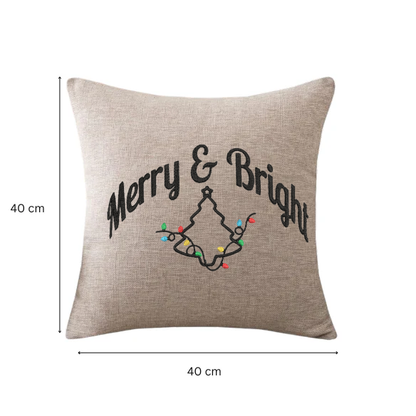 Light Grey Scandinavian Cotton-Linen Pillow Cover | 40×40 cm Decorative Cushion | “Merry & Bright” Embroidered Winter Accent Pillow