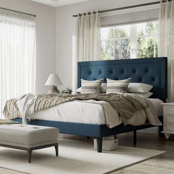 Tufted Upholstered Platform Bed – Full/Double Size with Linen Fabric, Elegant Design for Comfortable Bedrooms
