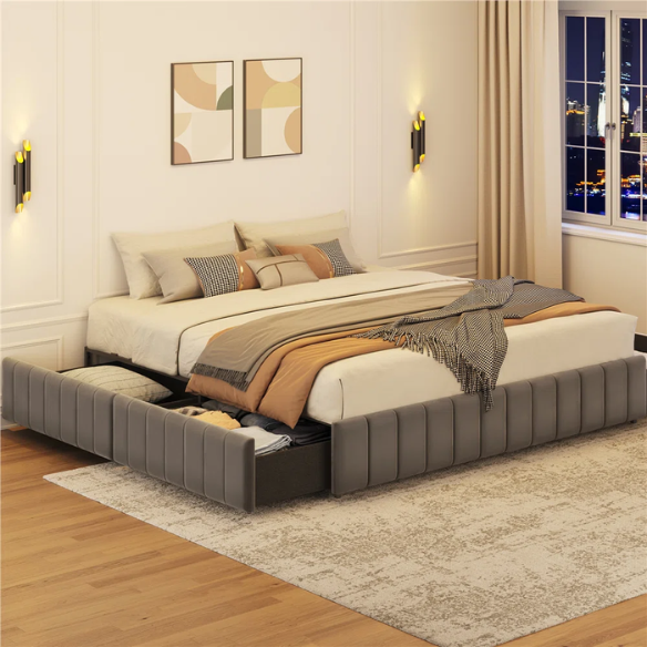 King Size Upholstered Platform Storage Bed with Velvet Fabric, Channel-Tufted Accents, and Built-In Drawers for Extra Storage