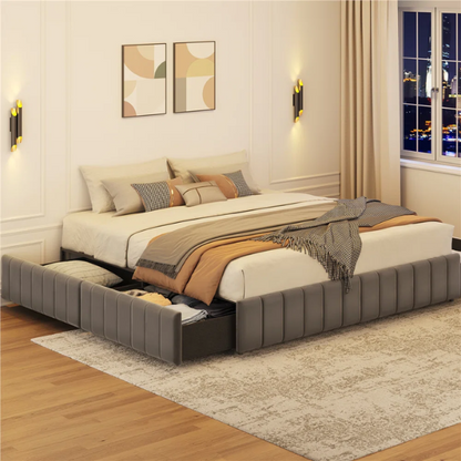 King Size Upholstered Platform Storage Bed with Velvet Fabric, Channel-Tufted Accents, and Built-In Drawers for Extra Storage
