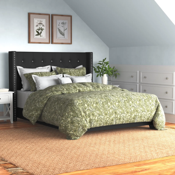 King Size Upholstered Low-Profile Bed with Wingback Headboard, Button Tufting, and Nailhead Trim – Glamorous, Traditional Design with Flared Legs