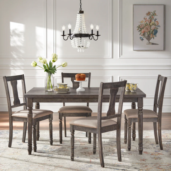 French Country Dining Table – Weathered Grey Finish, Solid Rubberwood & Veneered MDF, Turned Legs for Timeless Farmhouse Charm