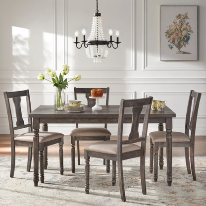 French Country Dining Table – Weathered Grey Finish, Solid Rubberwood & Veneered MDF, Turned Legs for Timeless Farmhouse Charm