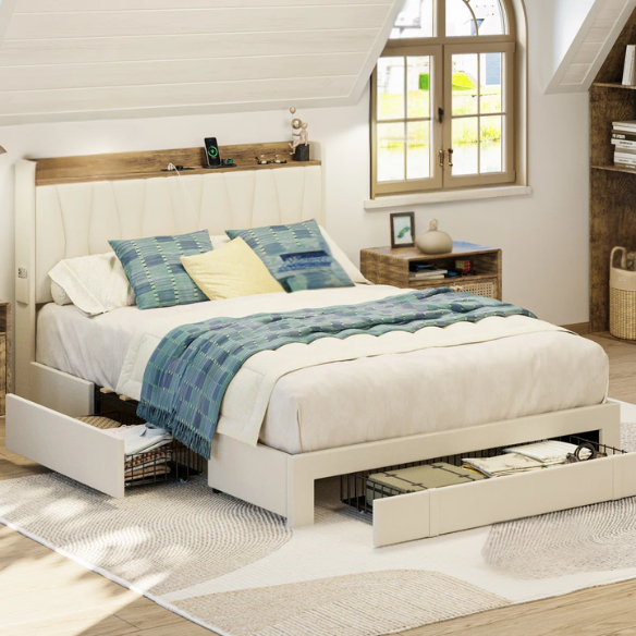 Upholstered Full/Double Bed Frame with 3 Drawers, Storage Headboard & Built-In Charging Station – Stylish & Functional Design