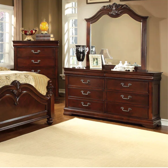 Traditional Elegance 4-Piece Queen Bedroom Set in Cherry Brown with Carved Accents, Camelback Bed, Nightstand, Dresser, and Mirror