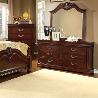 Traditional Elegance 4-Piece Queen Bedroom Set in Cherry Brown with Carved Accents, Camelback Bed, Nightstand, Dresser, and Mirror