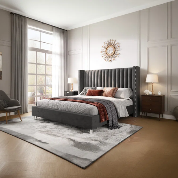 Velvet Upholstered Queen Size Platform Bed with Tufted Button Detail on Headboard