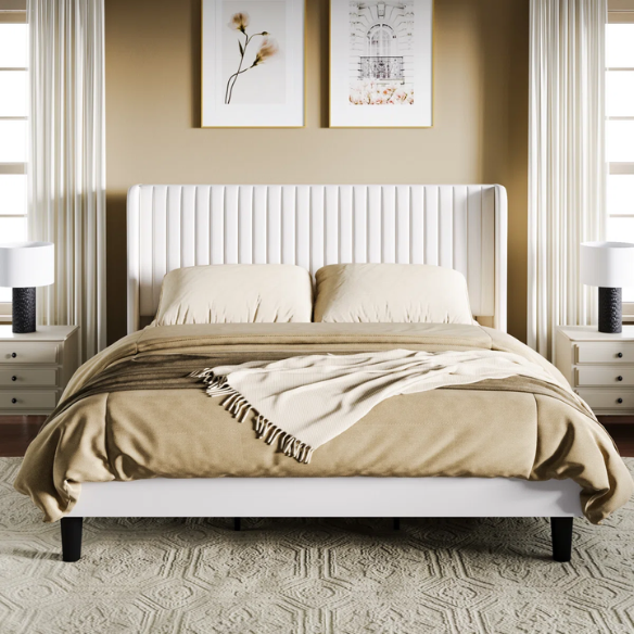Luxurious King Size Upholstered Velvet Platform Bed with Modern Wingback Headboard – Heavy-Duty Steel Frame, No Box Spring Needed, and Ample Under-Bed Storage