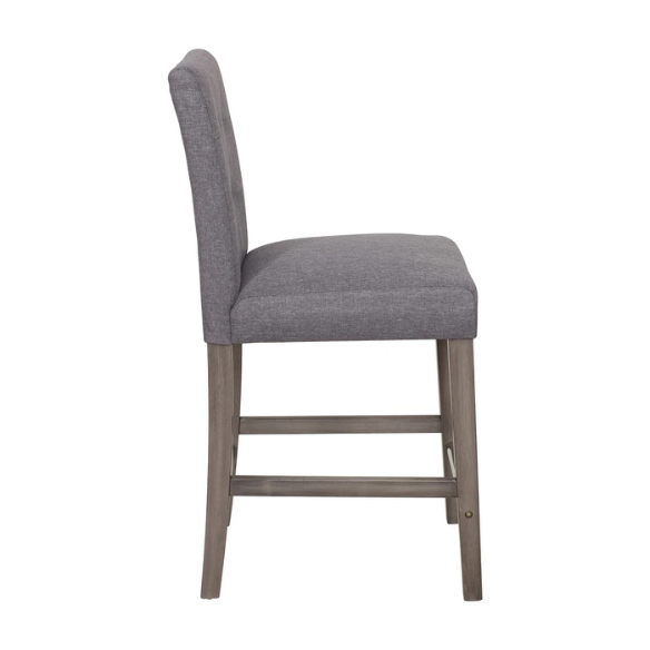 Upholstered 25" Counter Height Bar Stool – Modern Farmhouse Design with Tufted Back, Foam Padded Seat, Washed Grey Solid Wood Legs, and Durable Steel Footrest