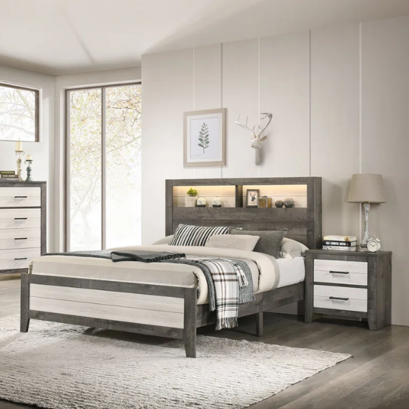 Stylish 6-Piece LED Platform Queen Bedroom Set in Cream and Brown – Modern Elegance with Ambient Lighting