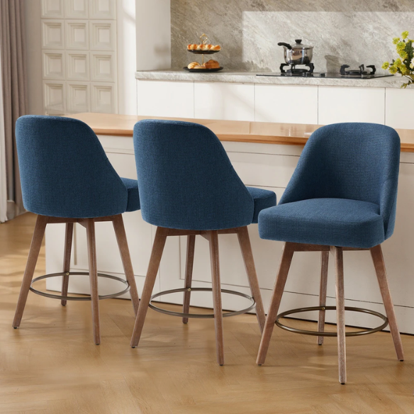 Modern Counter Height Swivel Bar Stool – Upholstered Faux Leather/Polyester Blend Seat, Solid Beech Wood Frame, Ergonomic High Back, Bronze Metal Footrest, 300lb Capacity for Kitchen, Bar, or Pub