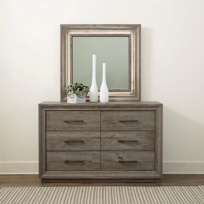 Modern Greystone 4-Piece King Storage Bed, Dresser, Mirror & Nightstand Set with LED Lighting, Built-In Charging Station, and Brushed Nickel Hardware – Floating Panel Headboard and Plinth Base
