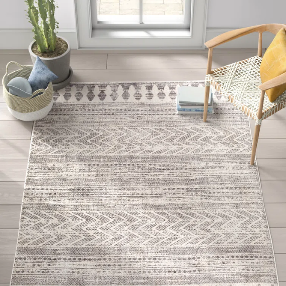 Southwestern-Inspired Geometric Rug – Dark Grey Diamond, Chevron & Dot Patterns on Off-White, Stain-Resistant, Perfect for High-Traffic Areas