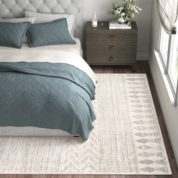 Southwestern-Inspired Geometric Rug – Gray Diamond, Chevron & Dot Patterns on Off-White, Stain-Resistant, Perfect for High-Traffic Areas