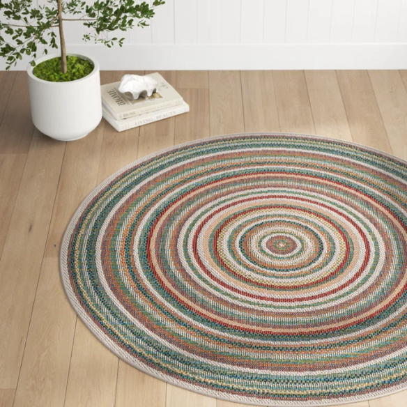 Coastal-Inspired Geometric Rug – Fade & Stain-Resistant, Green & Orange Pattern, Ideal for Indoor/Outdoor Use